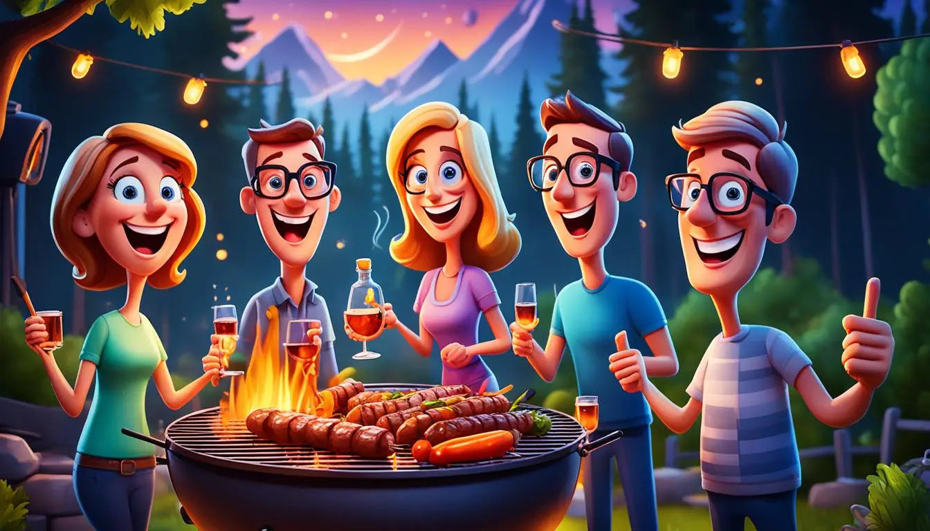 Barbecue grill with sausages and cartoon people celebrating World Whisky Day.