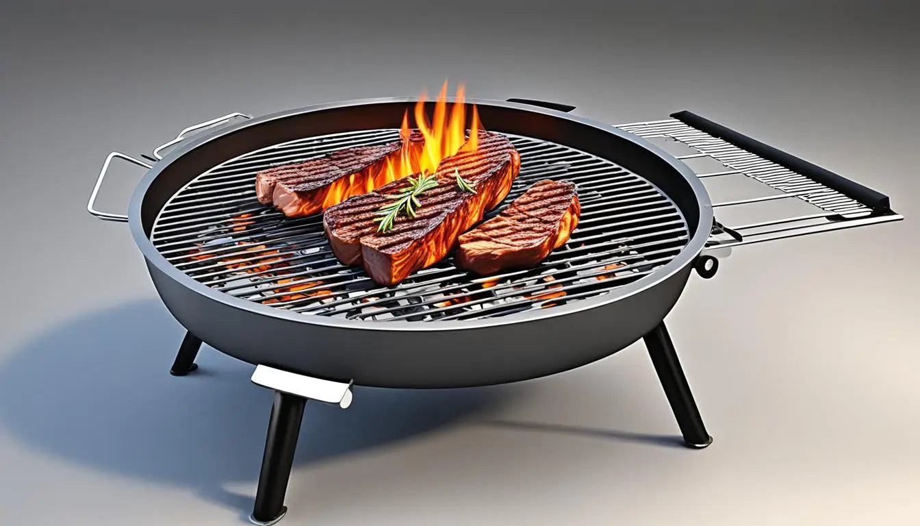 Portable charcoal grill cooking steaks over flames for perfect barbecue on Sports Night.