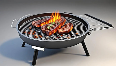 Portable charcoal grill cooking steaks over flames for perfect barbecue on Sports Night.