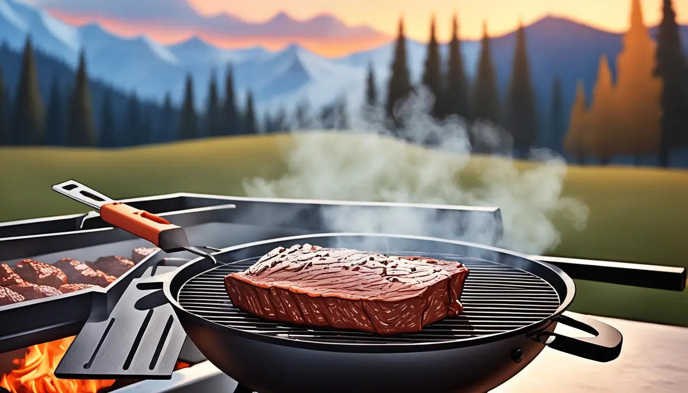 Juicy steak sizzling on a round barbecue grill for low and slow grilling secrets.