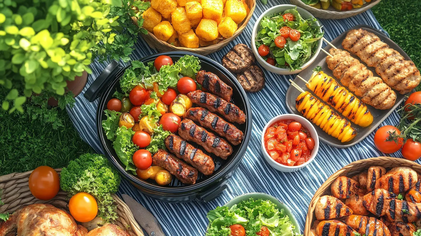 Colorful outdoor barbecue spread with grilled meats and vegetables on blue picnic surface