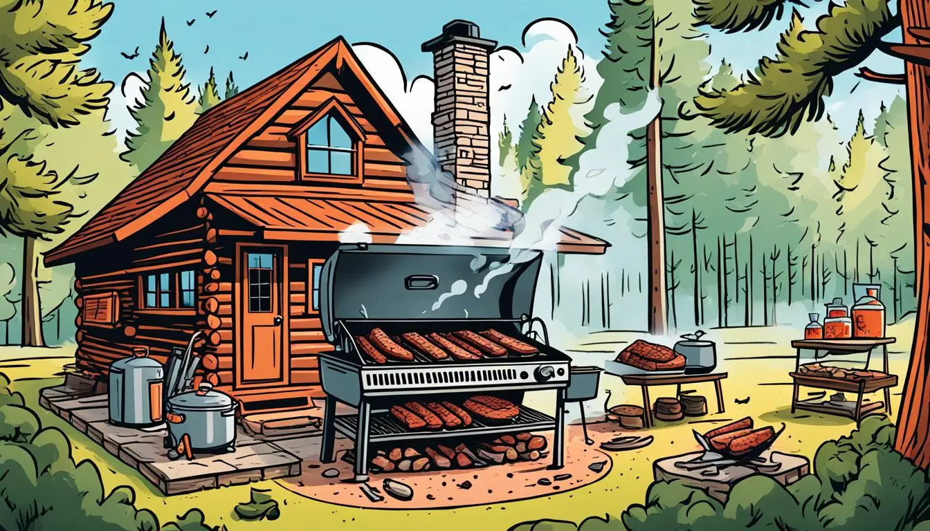 Rustic log cabin with a smoking barbecue grill in a game meats grilling article