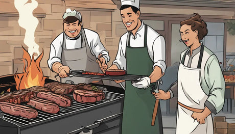 Three chefs grilling various meat cuts for flavorful, juicy results in a barbecue setting.