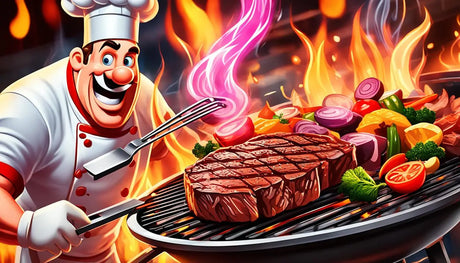 Grilled steak with colorful vegetables and flames in gourmet charcoal grilling article