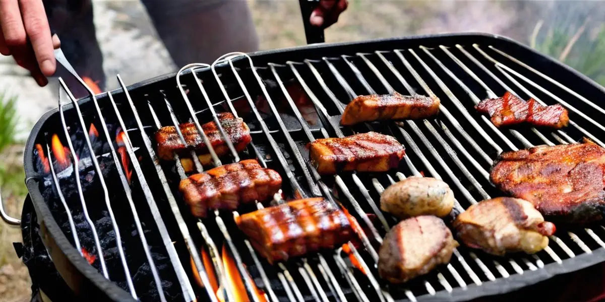 Barbecue Grill With Meats On Grates Over Flames, Featured In ’mastering Lump Charcoal Through Grilling’.