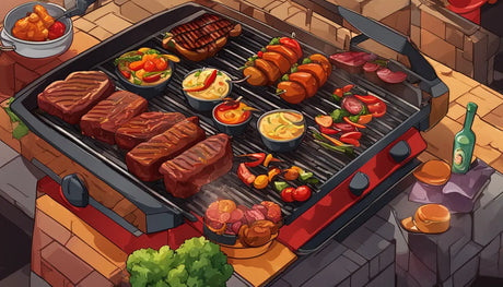 Tabletop electric grill with meats, vegetables, and sides for a British garden party