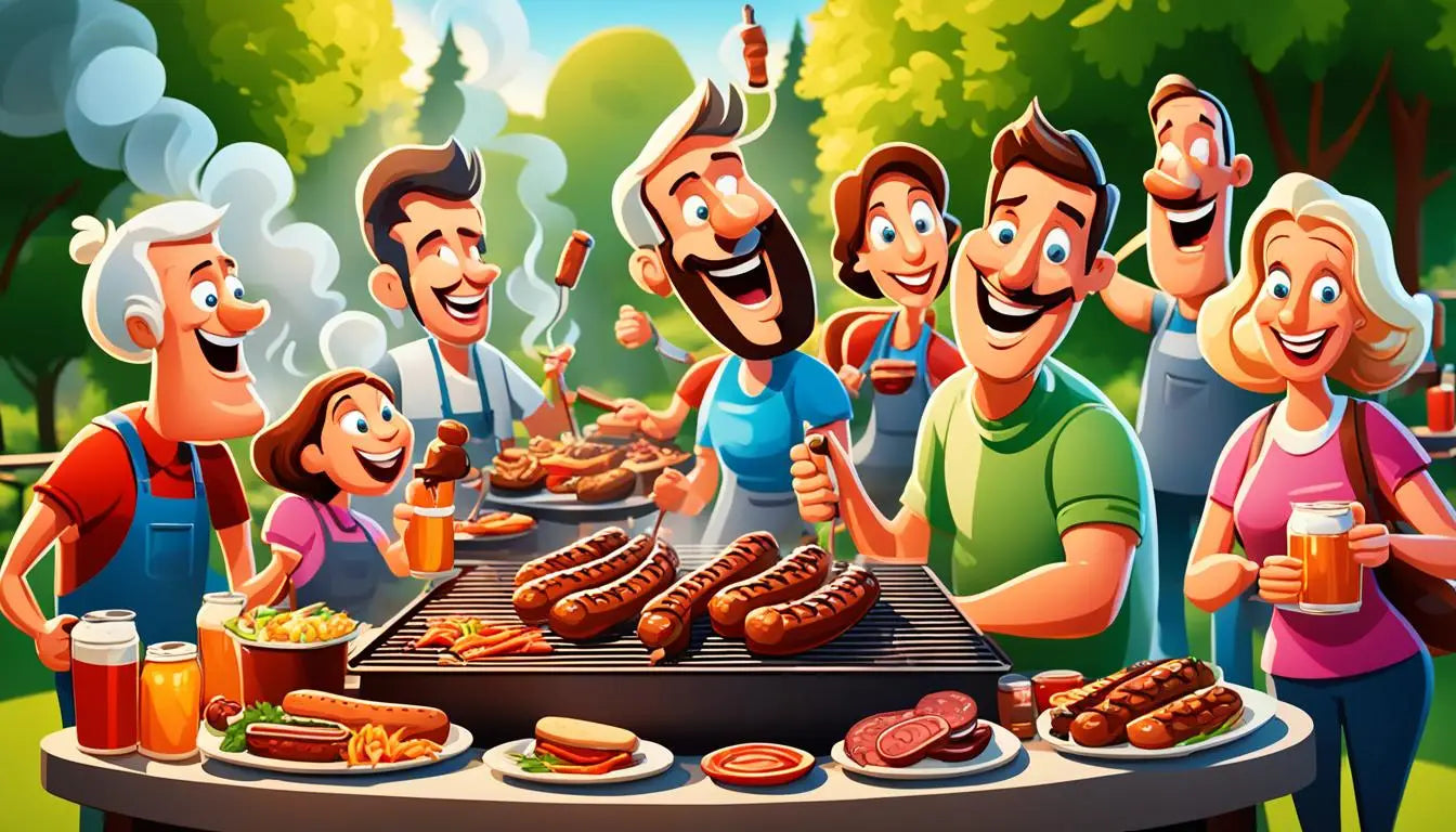 Barbecue grill with sausages and happy cartoon people at a cookout celebration.