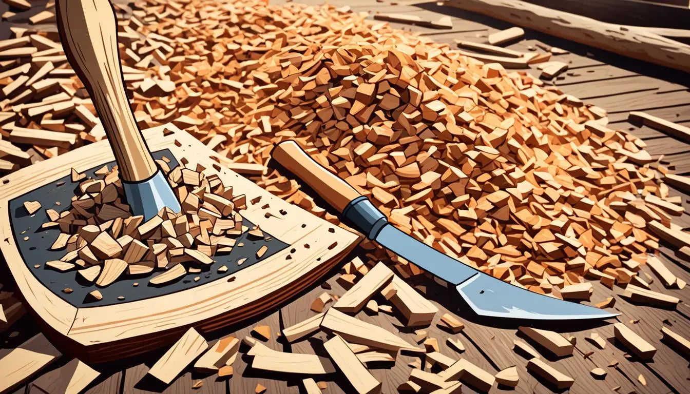 Wooden axe surrounded by wood chips and shavings for BBQ wood preparation tips