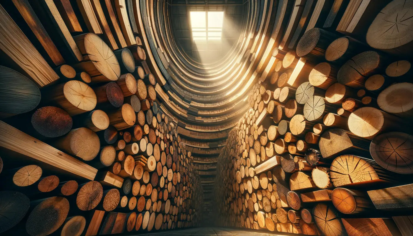 Tunnel-like wooden log structure illuminated by natural light for moisture content management.