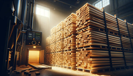 Stacks of wooden planks arranged on pallets for kiln drying moisture monitoring