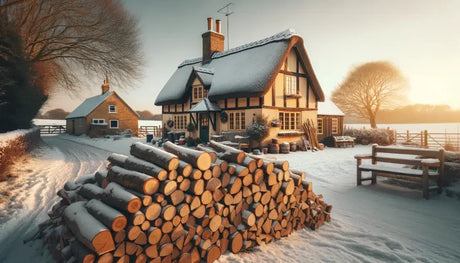 a cozy countryside cottage in the UK during winter with snow covering the ground and roof. Beside the cottage is a large, neatly stacked pile of firewood.