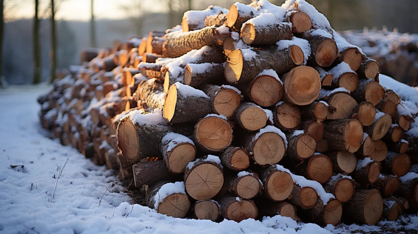 a pile of firewood on a snow covered field