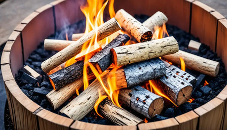 Wooden fire pit with burning logs and flames for sustainable fire lighting.