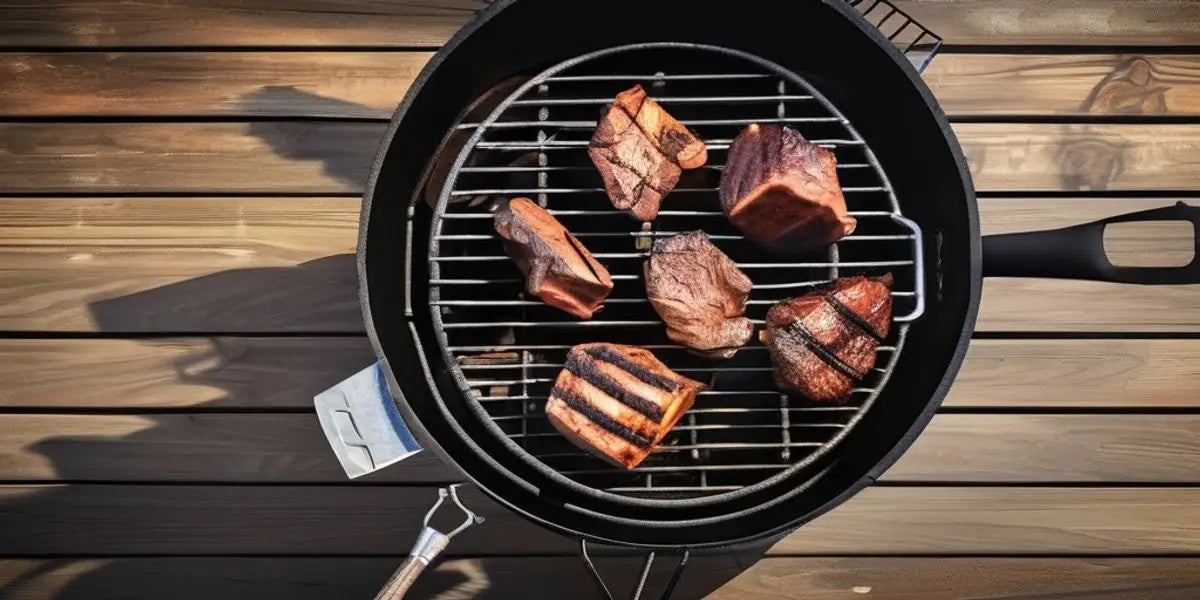 Circular Grill Pan With Meat Cooking, Demonstrating Perfect Meat Smoking Techniques.