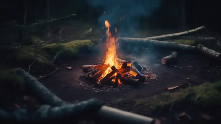 Campfire with burning logs and flames in a serene forest setting for camping.