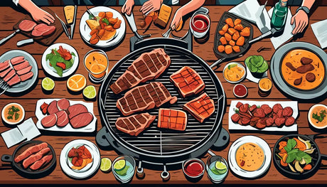 Circular grill with meats, sides, and beverages on a wooden table for BBQ article.