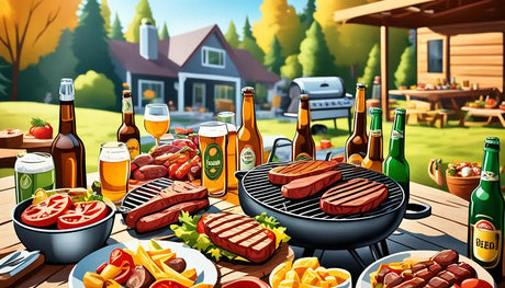 Barbecue grill with foods and drinks on a wooden table for the perfect BBQ pairing