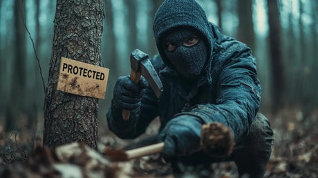 Masked figure in dark clothing holding weapon in forest for The Real Cost of Firewood article