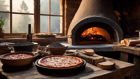 Wood-fired pizza oven ablaze with pizzas on the table in a modern kitchen setting