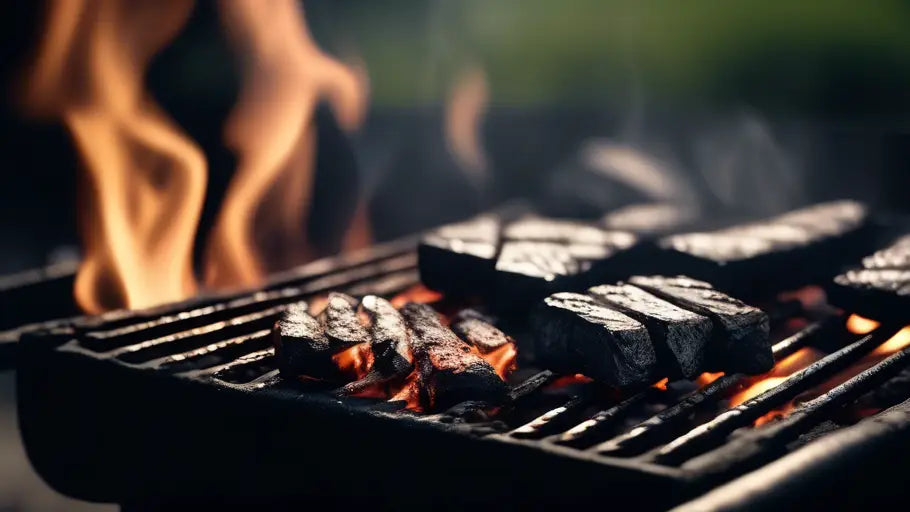 Grill with flames and meat sizzling on grates in restaurant quality cooking.