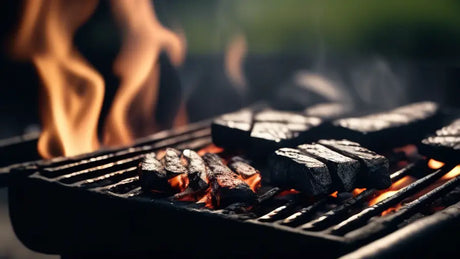 Grill with flames and meat sizzling on grates in restaurant quality cooking.