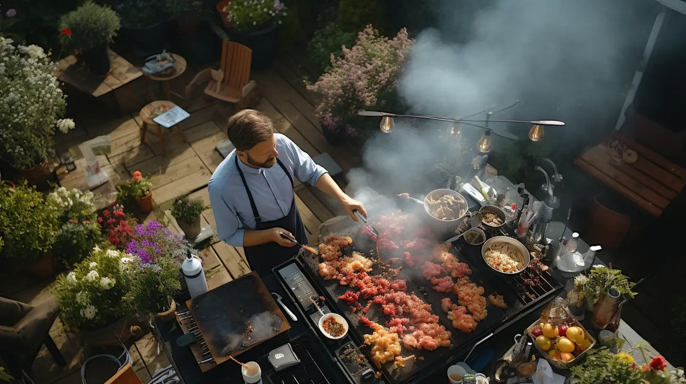 Person grilling meats outdoors with charcoal, surrounded by food and utensils.