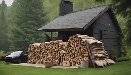 Stack of firewood neatly piled in front of a dark-colored cabin for clean burns.