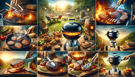a variety of grilling scenes with different types of charcoal grills in action, including a traditional kettle grill, a barrel-style smoker, and a modern ceramic grill
