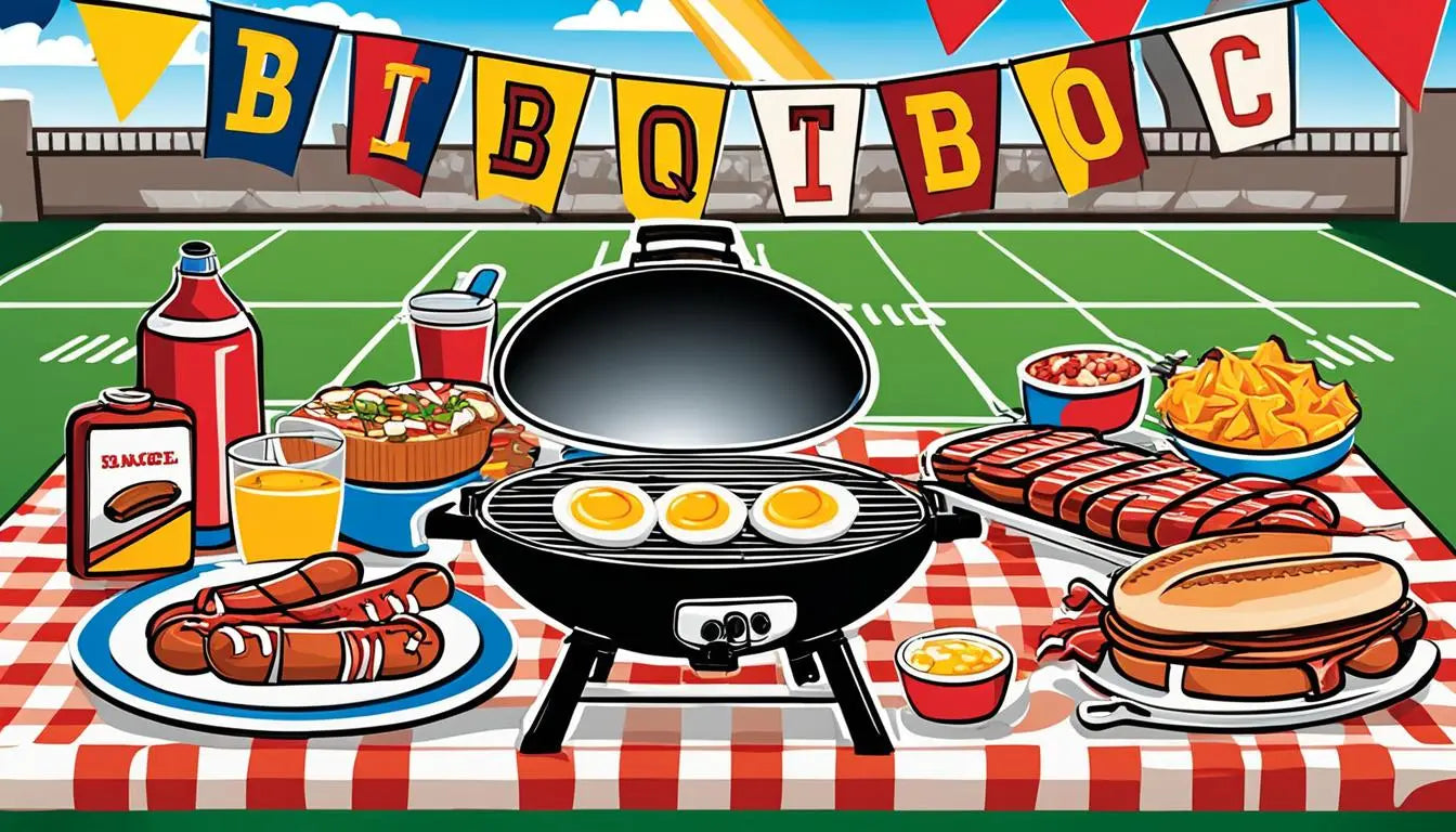 Barbecue grill with delicious foods and drinks on a picnic table at a tailgate.