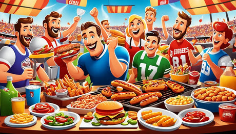 Animated characters enjoying fast food snacks at a lively sports event celebration