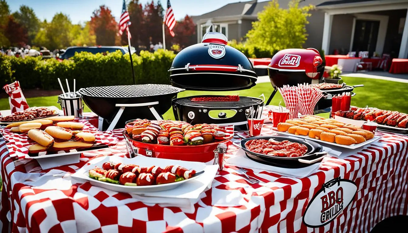 Barbecue grill with grilled foods on red and white checkered tablecloth for BBQ party