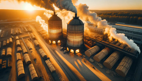 Industrial facility with cooling towers emitting steam at sunset during kiln drying.