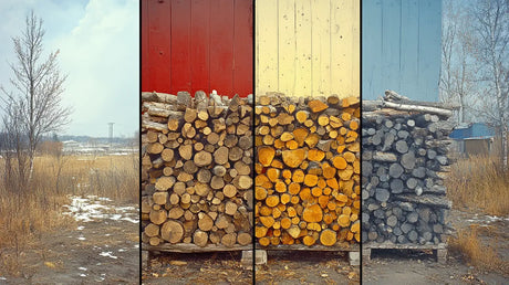 Stacks of firewood in three colorful sections for efficient wood burner use