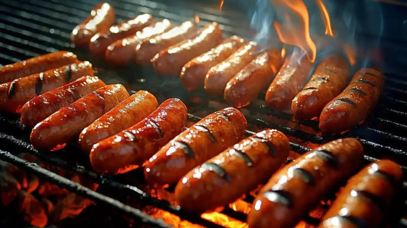 Sausages grilling over flames and smoke on a barbecue for tasty outdoor cooking.