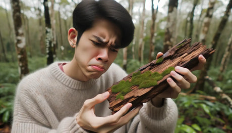 Person with disgusted expression holding mossy tree bark in article about kiln dried wood.