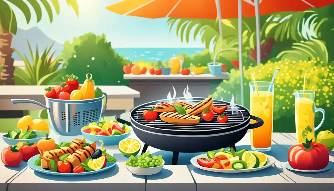 Barbecue grill with sizzling food and drinks on a table for hot weather grilling.