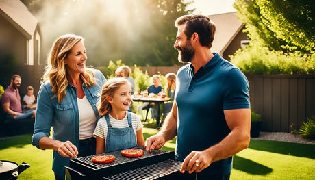 Family barbecuing together in a sunny backyard, celebrating summer in the UK.