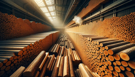 Stacks of wooden logs and timber in a warehouse for softwood kiln drying.