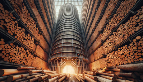 Cylindrical tower structure with stacked logs in a kiln drying guide article