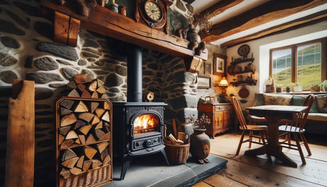 Photo of a log burner in a quaint British cottage, with split firewood organized on old-fashioned shelves. 