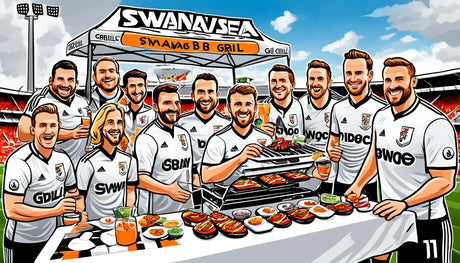 Group of soccer players in white jerseys enjoying grilled food under Swansea Smamgbb Grill banner.