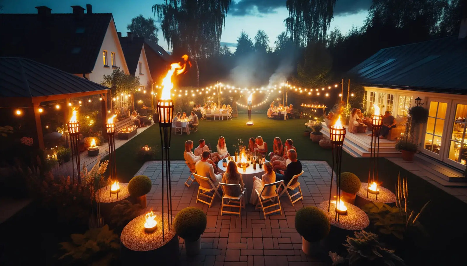 Outdoor evening gathering around a circular table with string lights and torches.