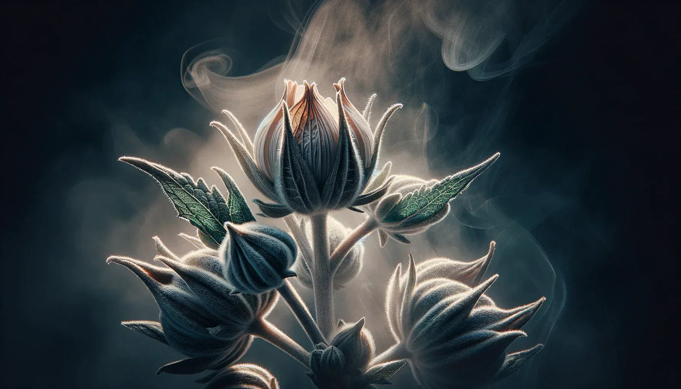 Ethereal flower bud with glowing edges surrounded by wisps of smoke in kiln drying.