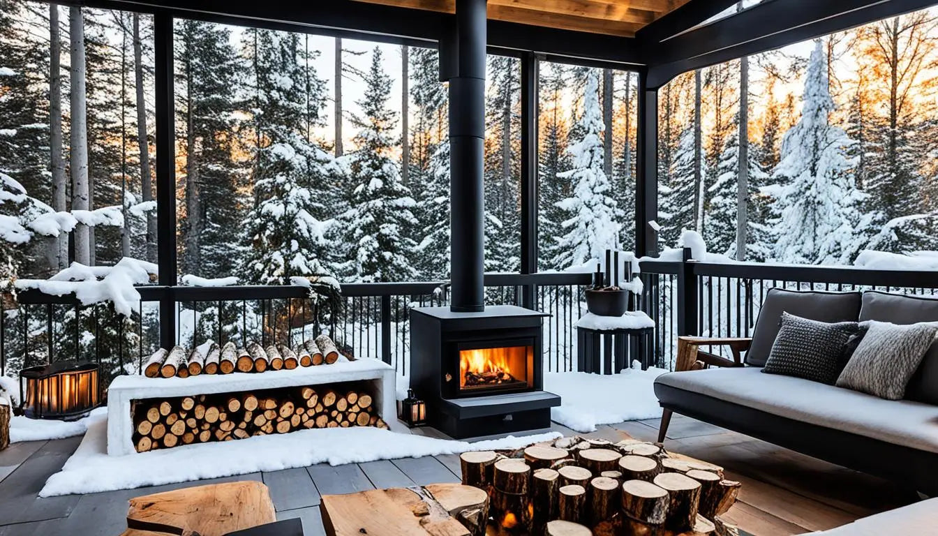 Cozy covered porch with wood-burning stove overlooking snowy forest in winter.