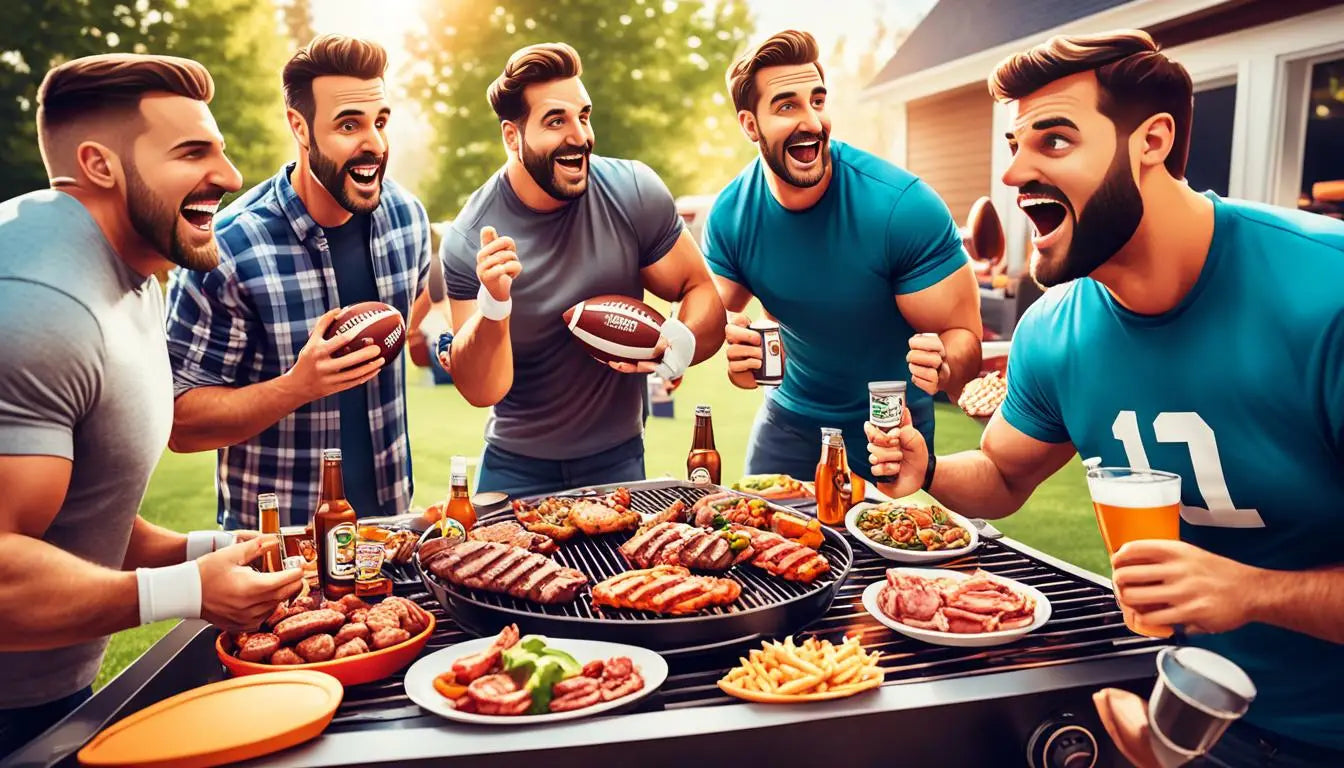 Group of excited men enjoying delicious food and drinks at a backyard barbecue.