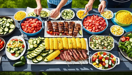 Colorful spread of grilled meats, corn on the cob, and fresh vegetable dishes at BBQ.