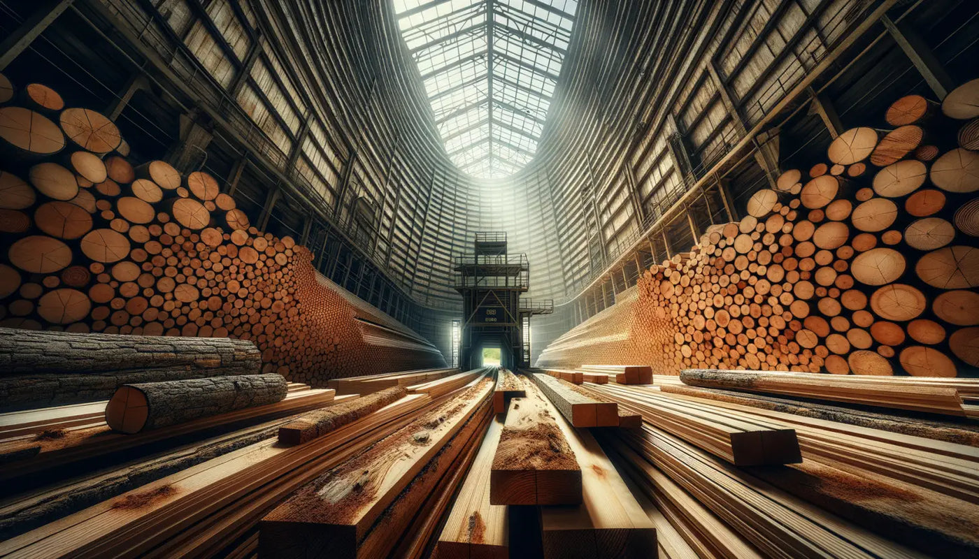 Lumber storage facility with stacked logs and cut timber planks for kiln troubleshooting