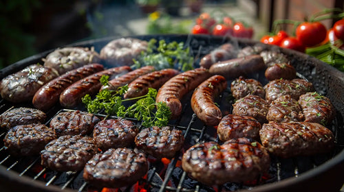 Grill With Sausages, Burgers, And Steaks Cooking Over Hot Coals For Bbq Guide.