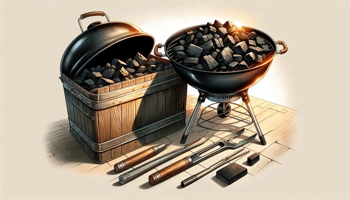 Charcoal Grill With a Wooden Bucket Of Charcoal And Grilling Utensils.