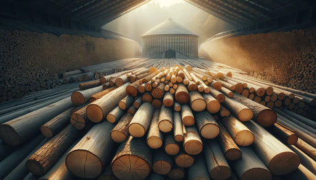 Pile of wooden logs arranged in rows near a circular structure in kiln drying process.